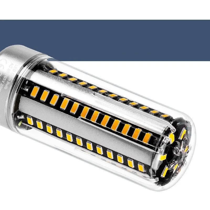 Silver aluminium LED corn lamp with multiple LED chips, showing E27 screw base.