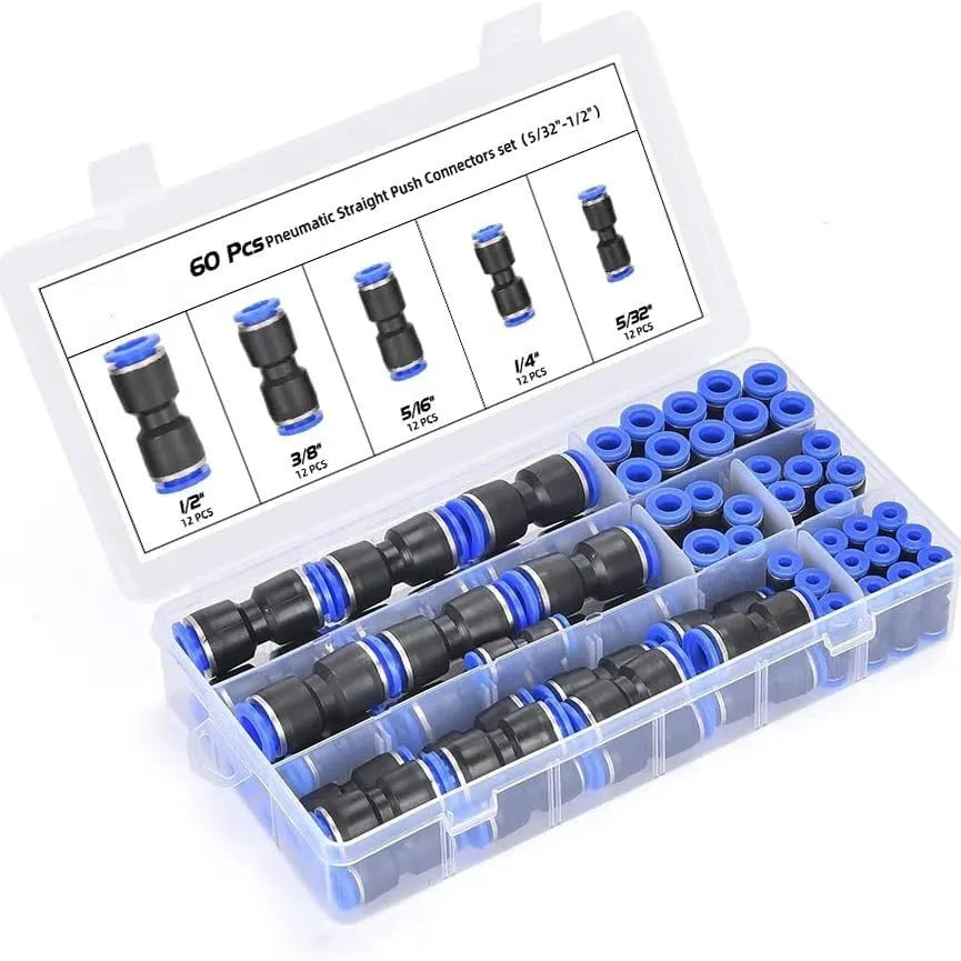 60-piece quick pneumatic push-in connector set with alloy plastic fittings