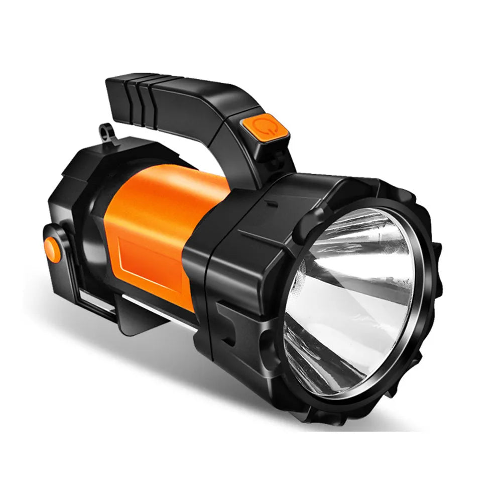 Orange portable LED work lamp with adjustable brightness, side lights, and removable battery on shoulder strap.