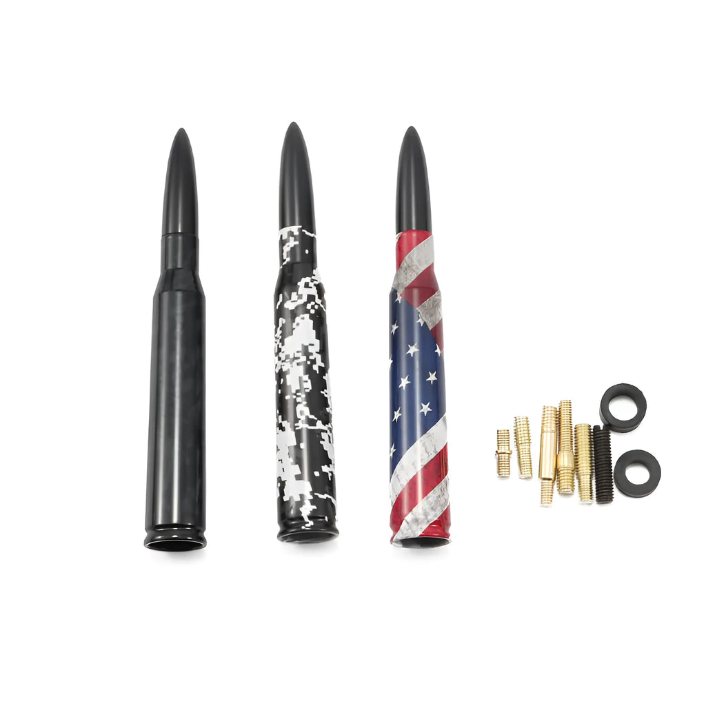 14cm bullet car antenna shown in camouflage green, black, and American flag colour options.