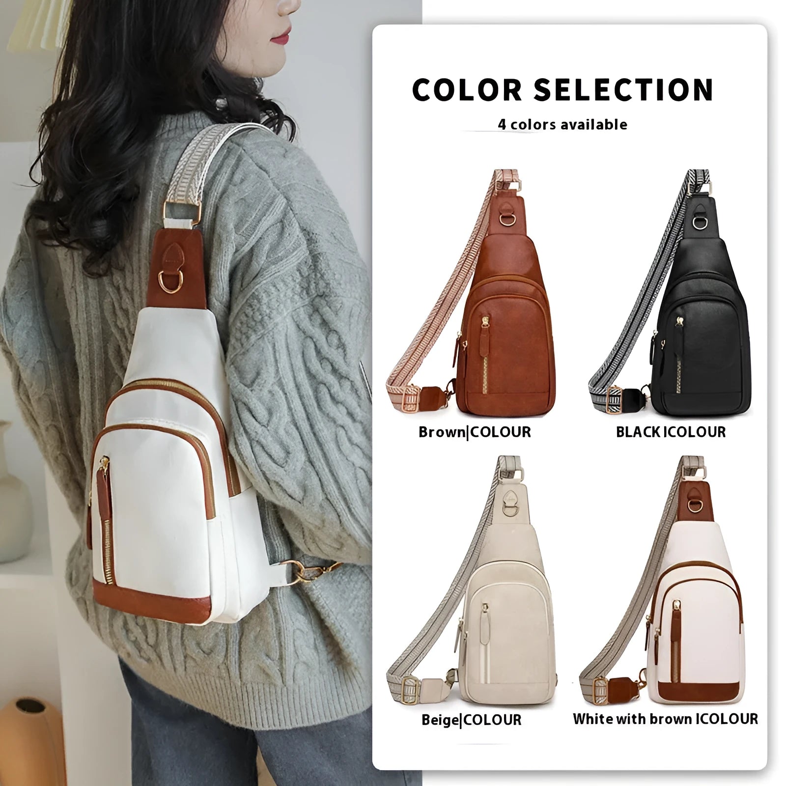 Soft brown PU women's small messenger chest bag with crossbody strap and open front pocket.