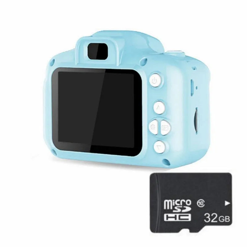 Children's HD digital waterproof camera in blue with 2.3 inch LCD screen, 800W pixels, compact size