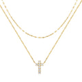 Sterling silver double-layer diamond cross pendant necklace on adjustable clavicle chain