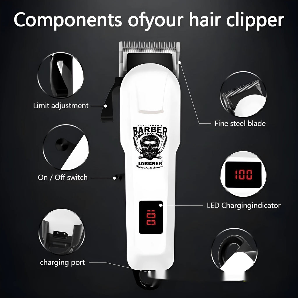 Rechargeable hair clipper with stainless steel cutter head and 4 attachments on a plastic body.