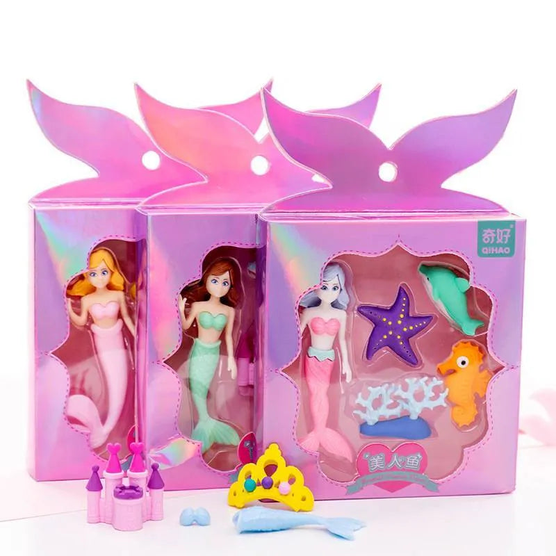 Box of twelve TPR erasers for pencil modification showing Flower Fairy and Mermaid designs