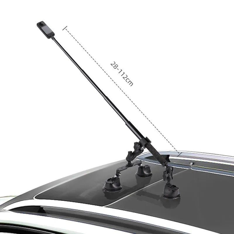Panoramic camera suction cup bracket with 1.2m extension rod on car roof surface, nylon and alloy build