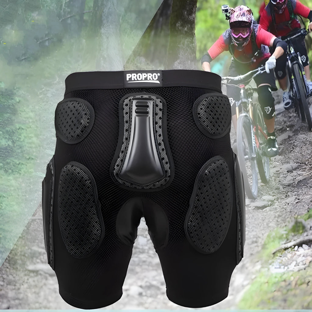 Black cycling hip protection pants shown flat, highlighting the hip pad area and available in sizes S, M, L, XL.