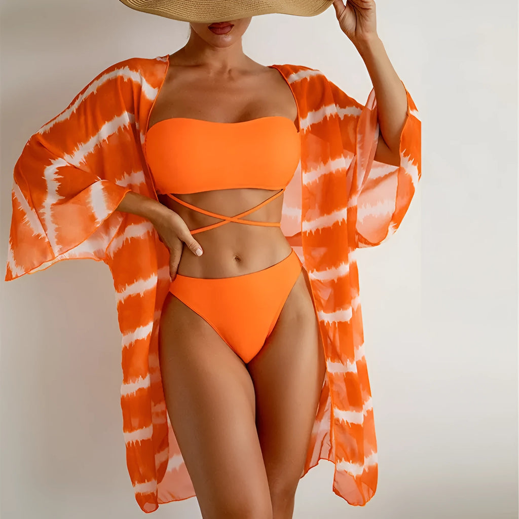 Women's nylon colour block three piece swimsuit set in orange with cardigan