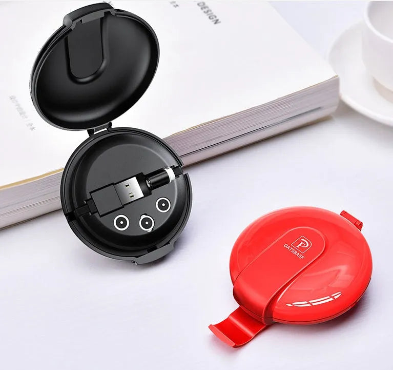 Black 3-in-1 magnetic retractable car phone charger with three plug heads and magnetic patch