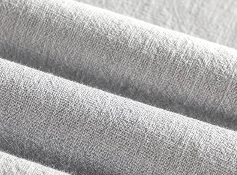 Men's loose fit button-up shirt in linen blend fabric, shown in milky white, navy blue, light grey, and sky blue.