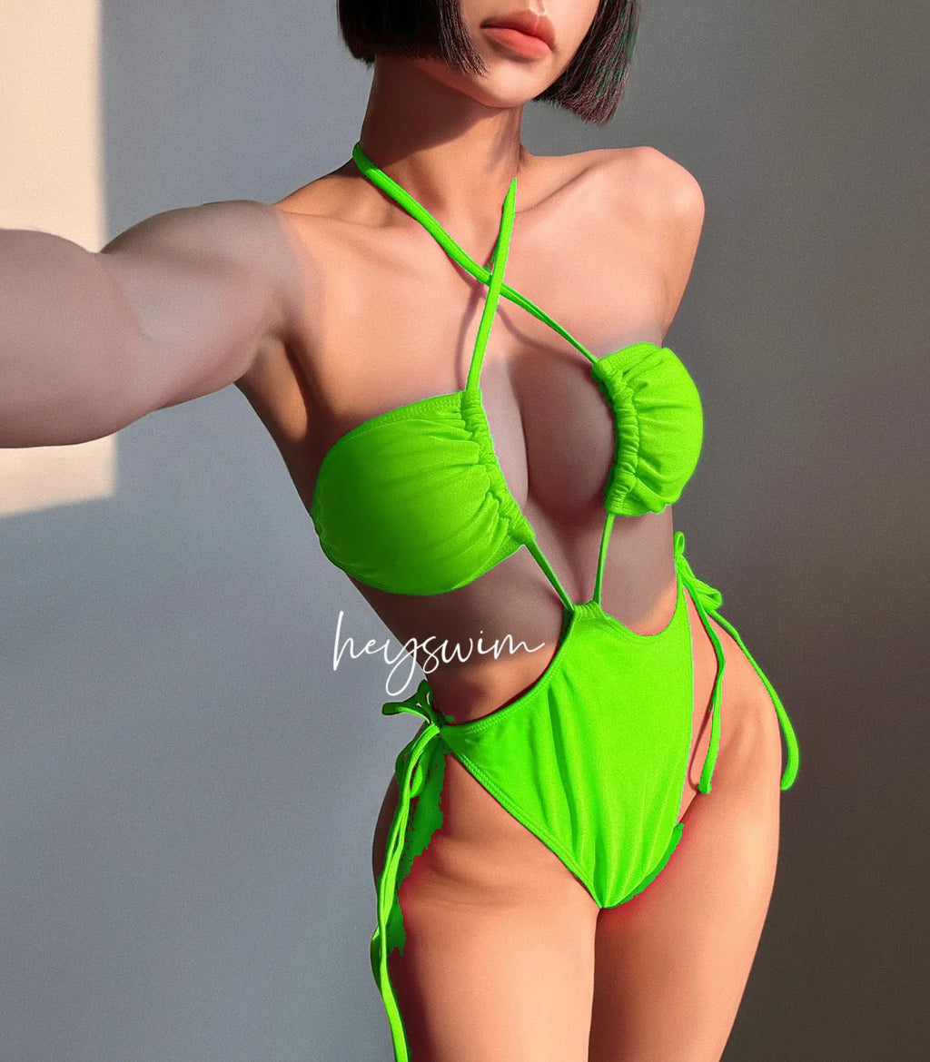 Women's solid colour one-piece swimsuit with drawstring ties in Barbie pink
