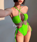 Women's solid colour one-piece swimsuit with drawstring ties in Barbie pink