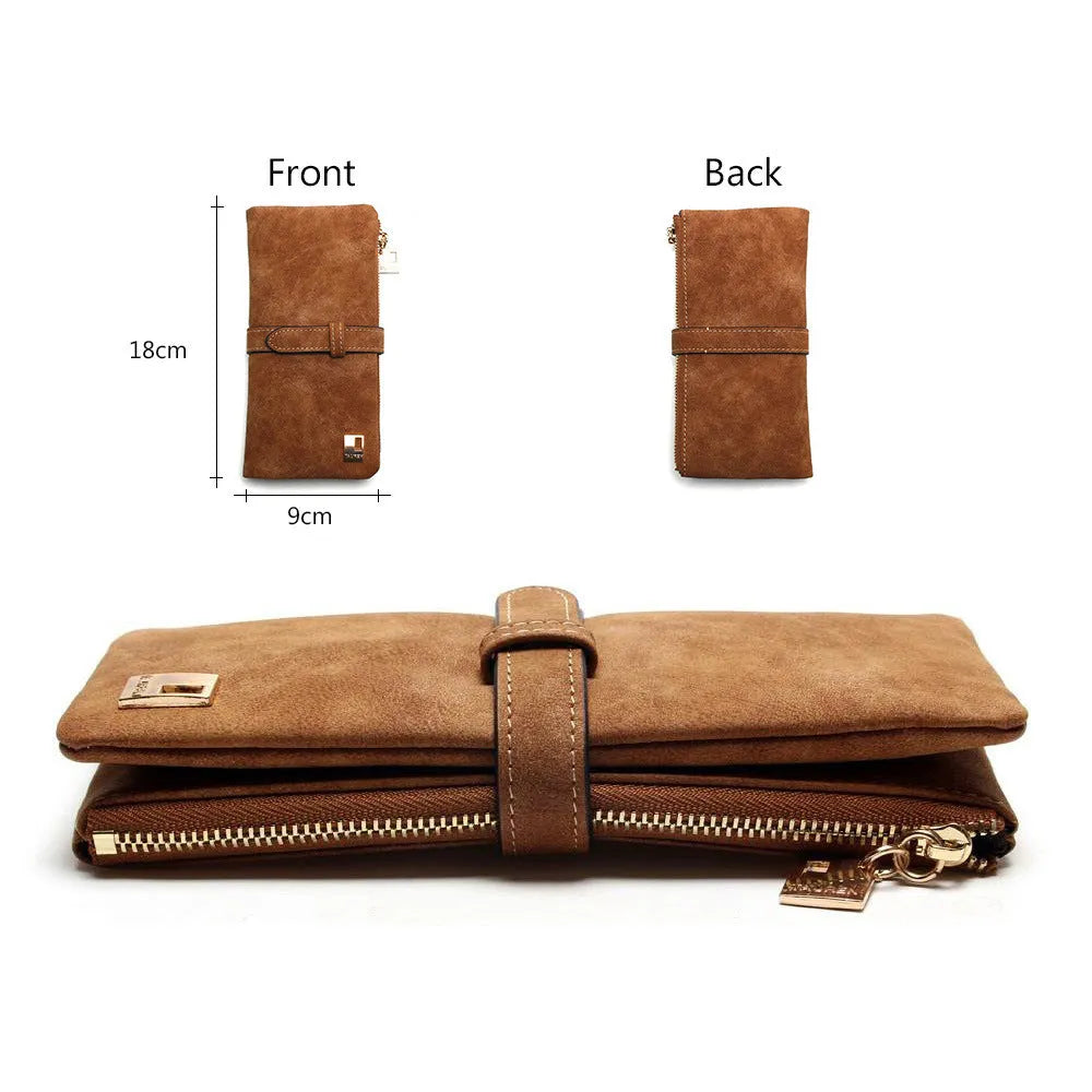 Long vertical matte PU leather wallet in army green with a zip, shown open to reveal card slots and internal pockets.