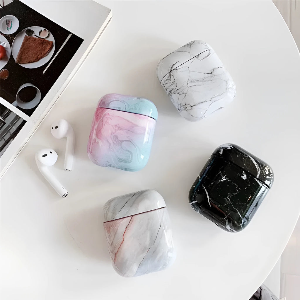 White Marble pattern hard PC protective cover for Apple AirPods 1 and 2 charging case.