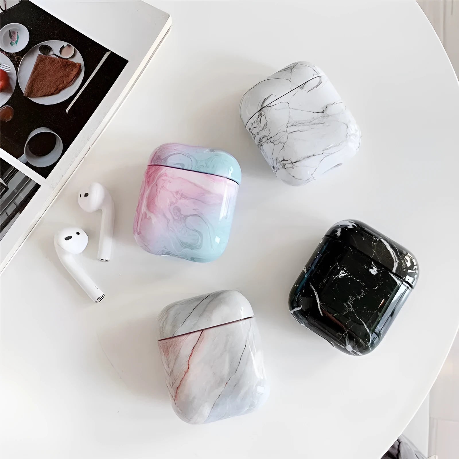 White Marble pattern hard PC protective cover for Apple AirPods 1 and 2 charging case.
