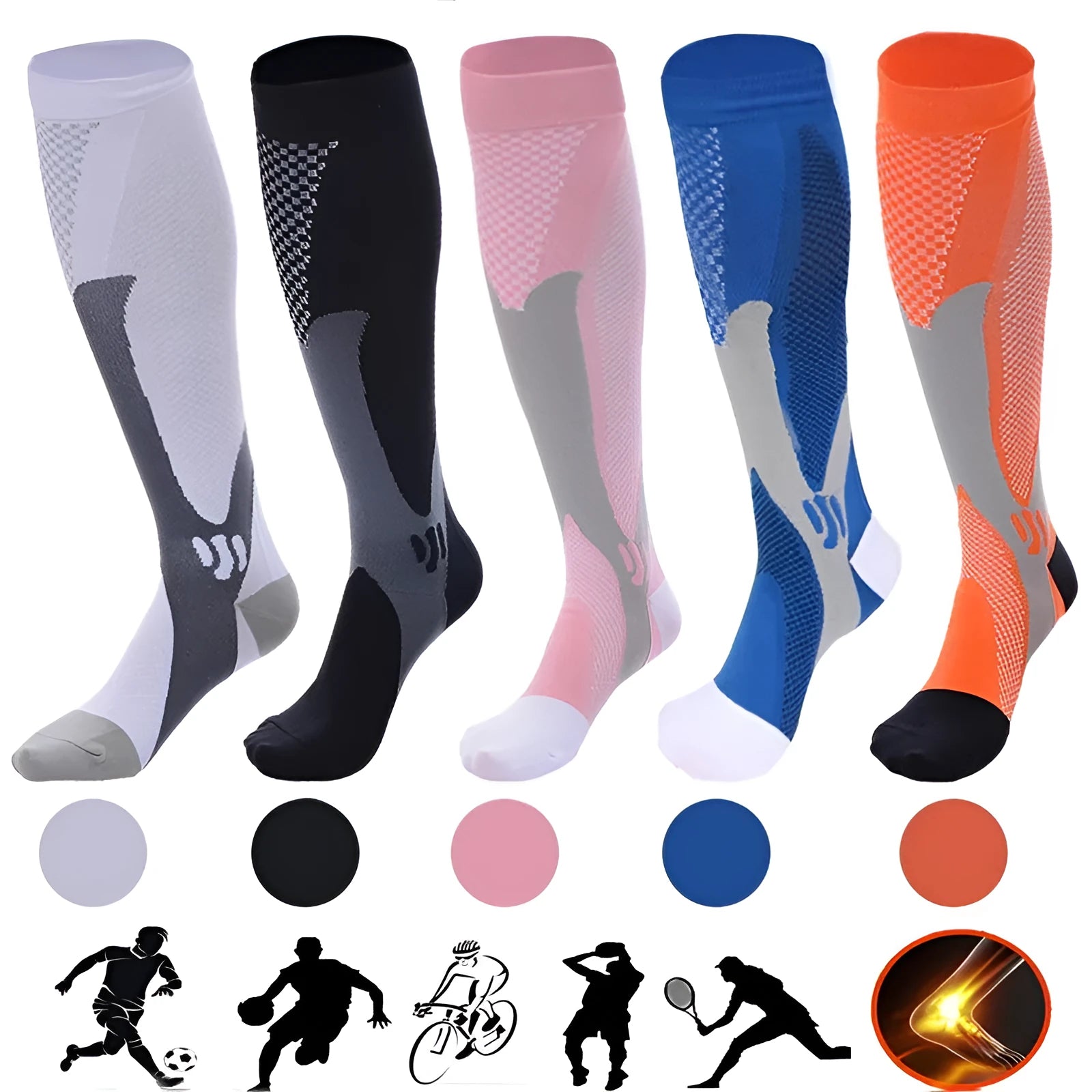 A pair of graduated compression socks for men and women in a sporty colour, shown flat to display its length and athletic fit