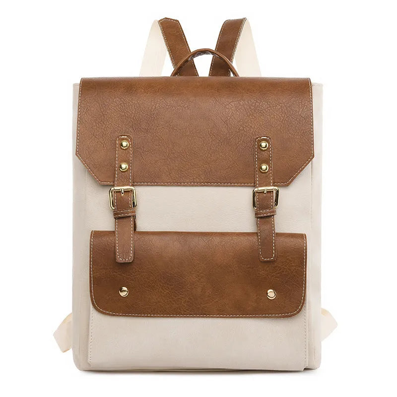 Retro-style soft PU backpack in brown colour, showing front design and straps.