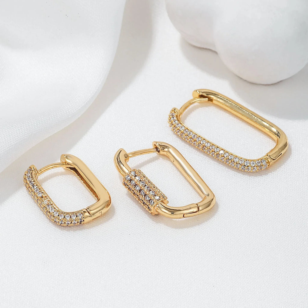 Geometric square ear clip set with micro inlaid zircon stones in gold and white k tones