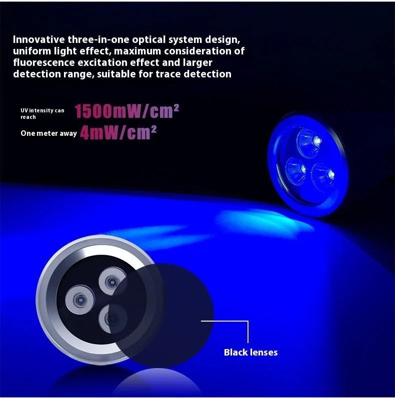 Black aluminium UV detection flashlight with USB Type-C port for finding pet stains.