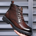 Men's black patent leather work ankle boots with square heel and high cylinder sock design