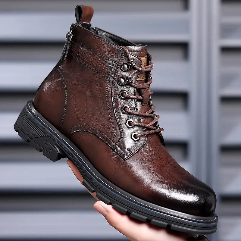 Men's black patent leather work ankle boots with square heel and high cylinder sock design