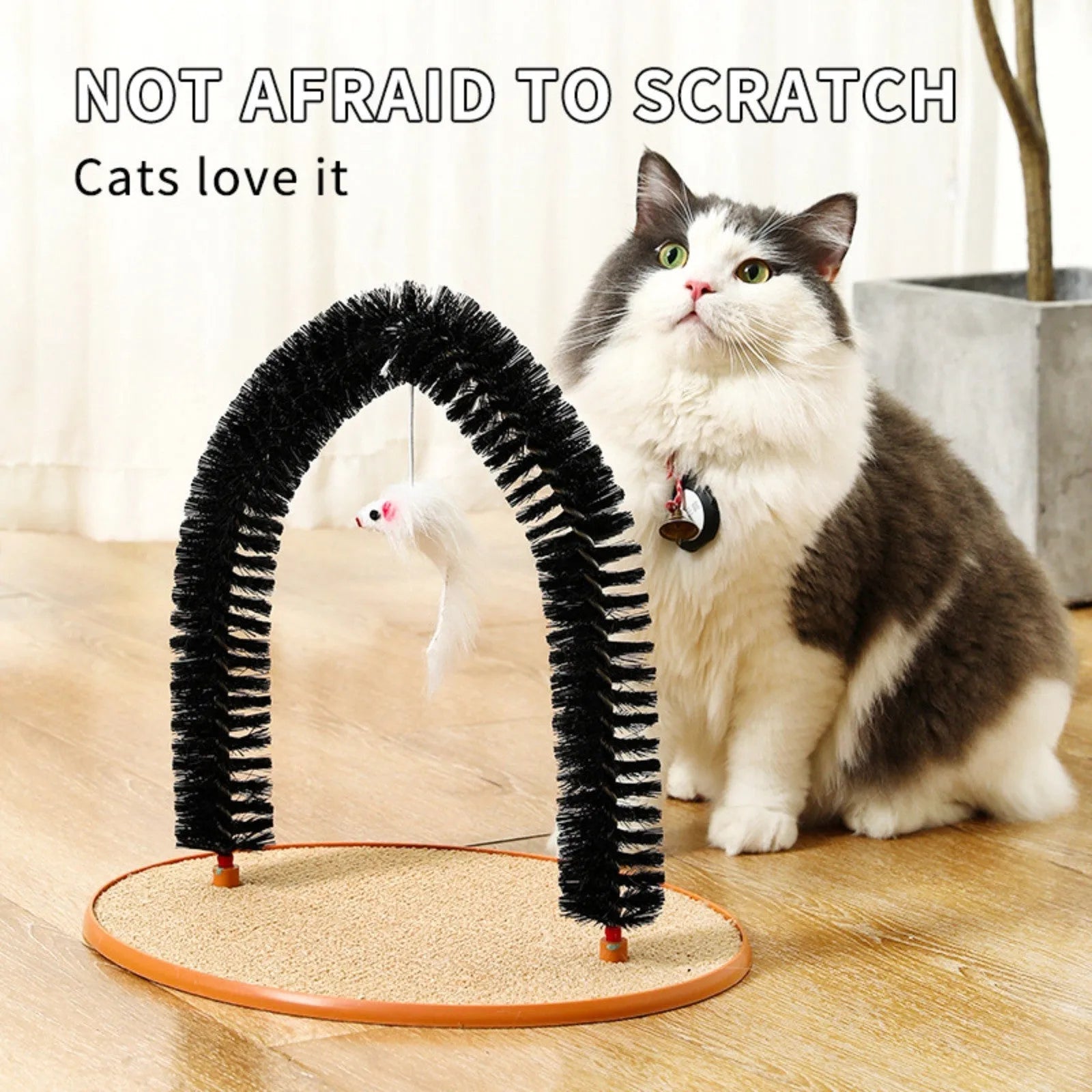 Black arch-shaped cat grooming brush with scratching surfaces and attached plush mouse toy on non-slip base