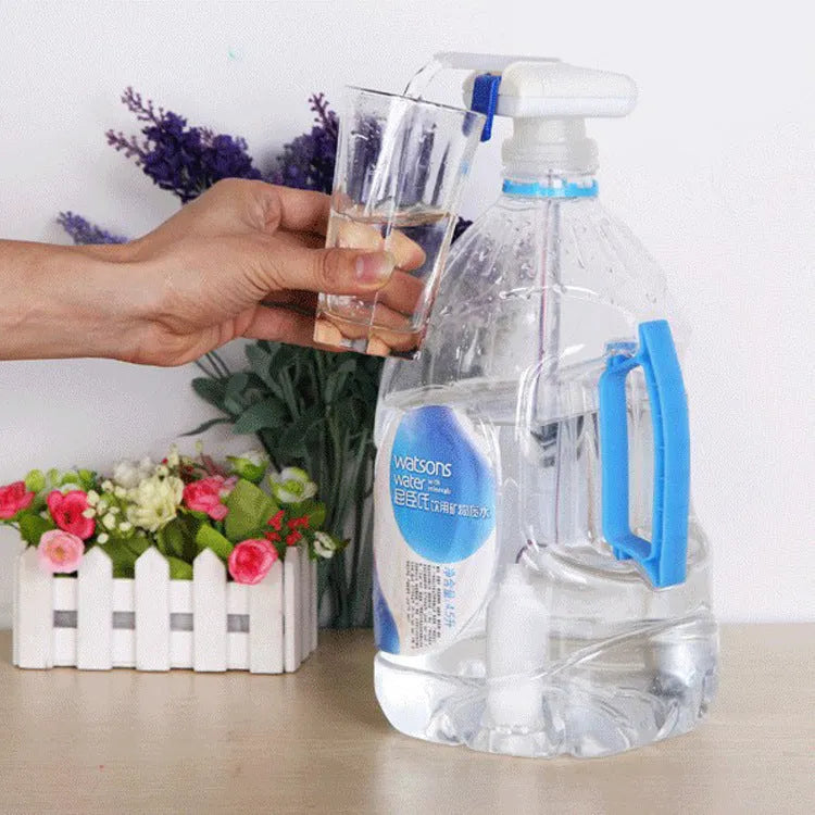 Manual beverage pump with long silicone straw and blue press handle on a bottle