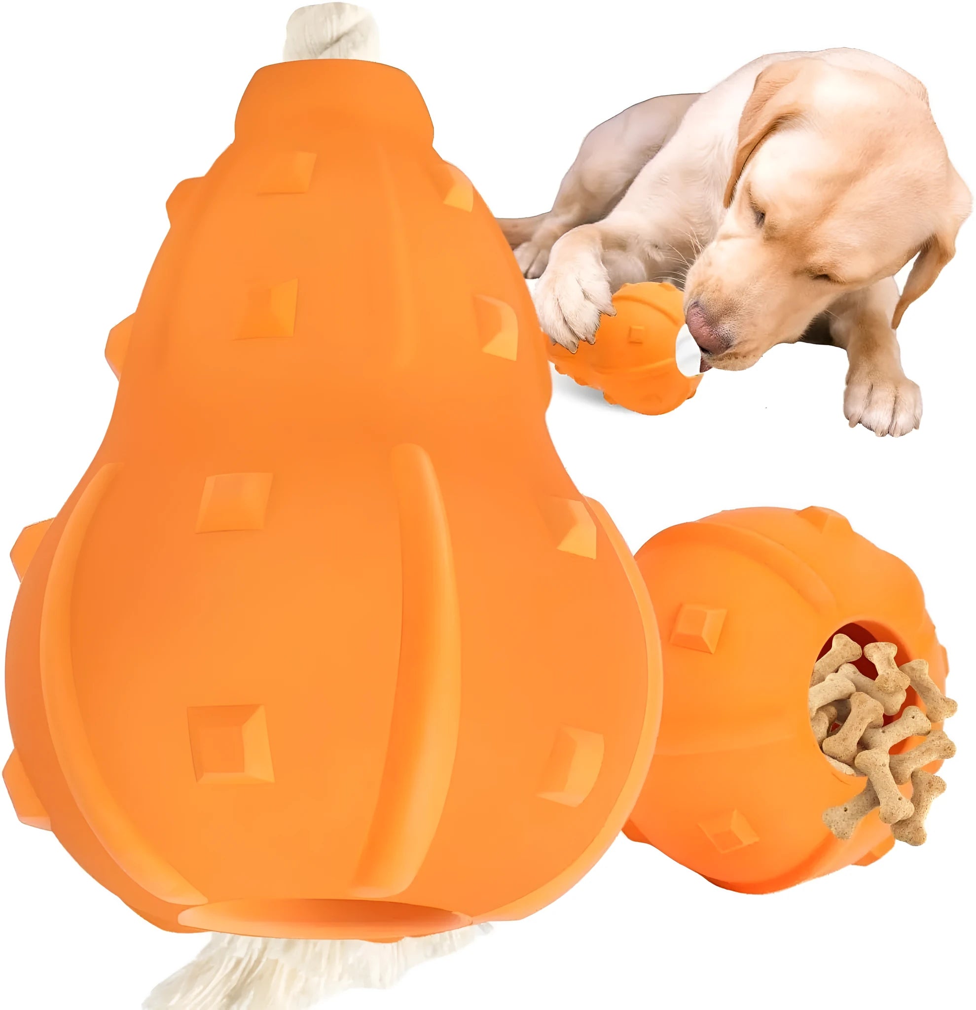 Natural rubber stuffable dog chew and fetch toy with longer strap for small medium breed dogs