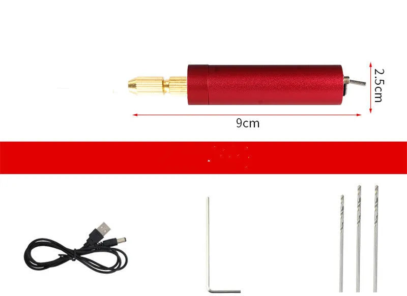 Small silver aluminium USB electric grinder with three drill bits and a wrench on a white background