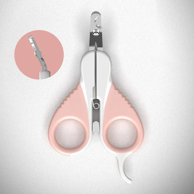 Grey and pink cat nail clippers with safety guard and angled blade for small pets