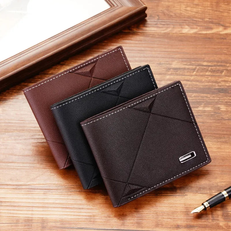 Men's thin three-fold horizontal wallet with multiple card slots in soft PU leather