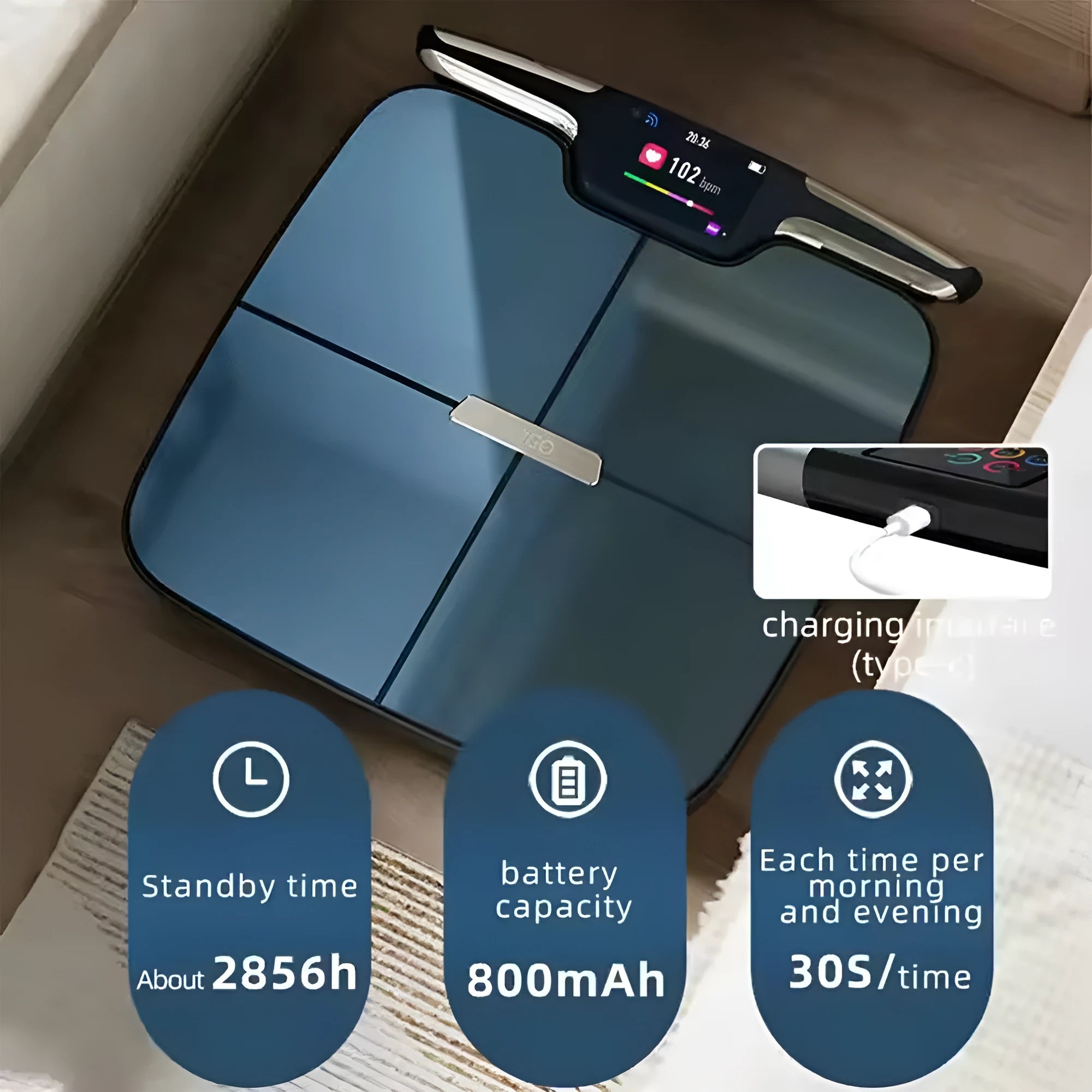 Black eight-electrode body fat and weighing scale on a floor.