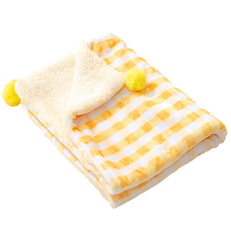 Blue coral fleece pet blanket shown on a dog bed, with size options S M L XL displayed.