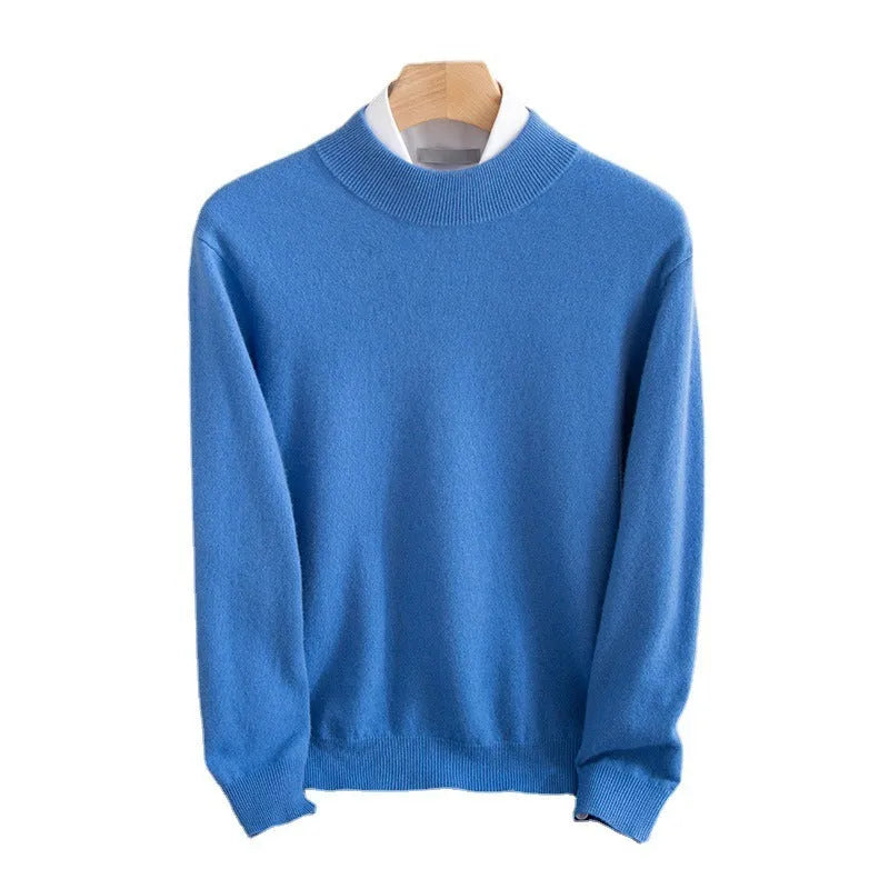 Men's loose fit half-collar sweater in chunky wool knit, shown in camel colour.