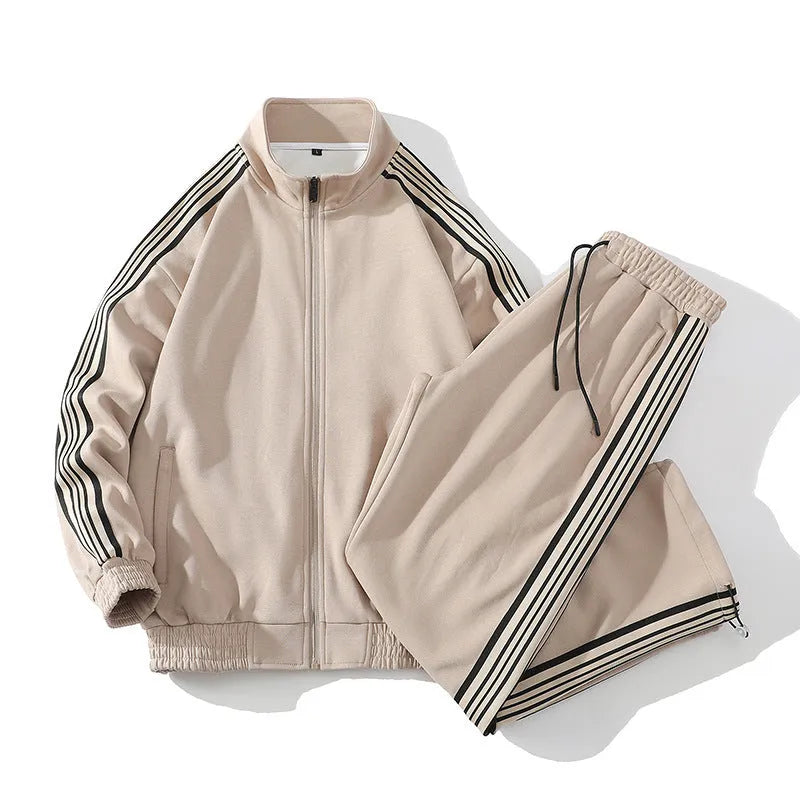 Men's cotton straight striped sports suit in khaki with long sleeve top and cropped pants