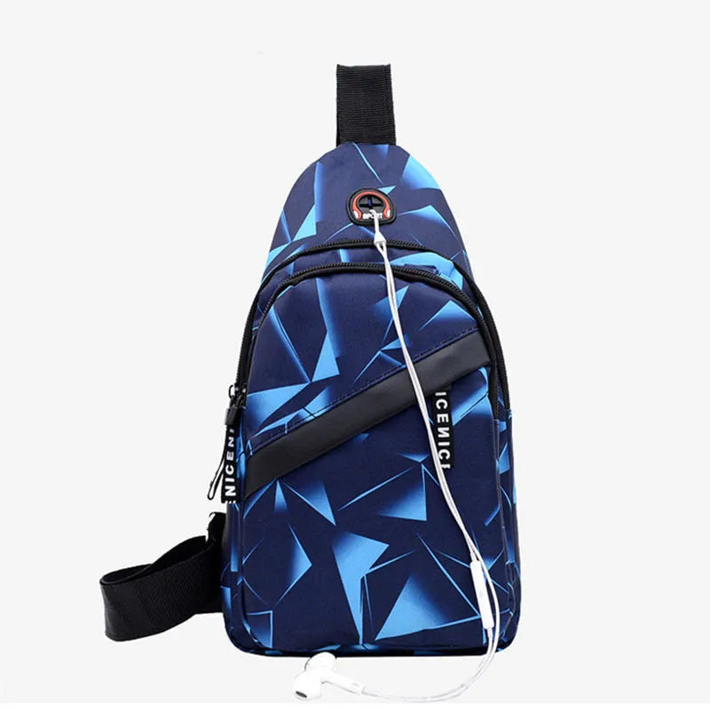 Medium blue crossbody chest bag for men with a visible earphone hole and zipper opening.