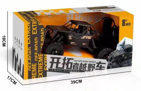 Super large black remote control off-road toy car with four-wheel drive and spring rod design on outdoor ground