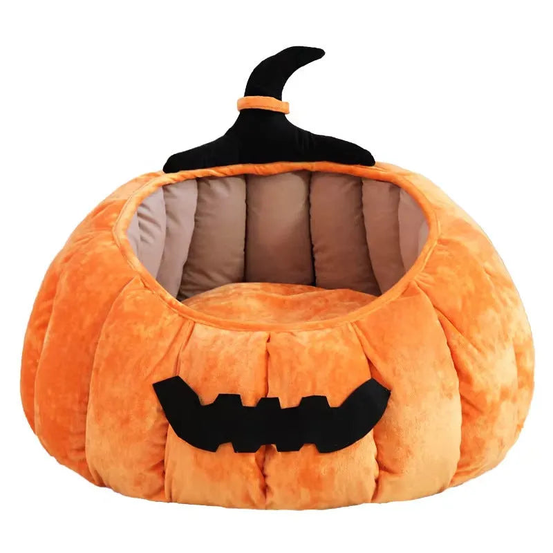 Orange plush Halloween pumpkin cat bed with cartoon devil face for small dogs