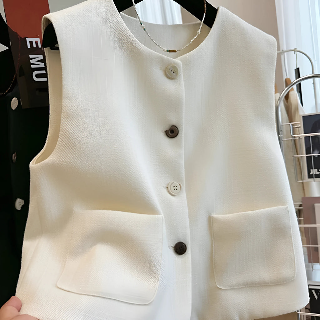 Women's round neck sleeveless vest in a fitted bandage dress style, shown in milky white.