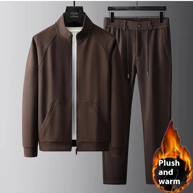 Men's stand collar casual sports suit with matching trousers in slim fit