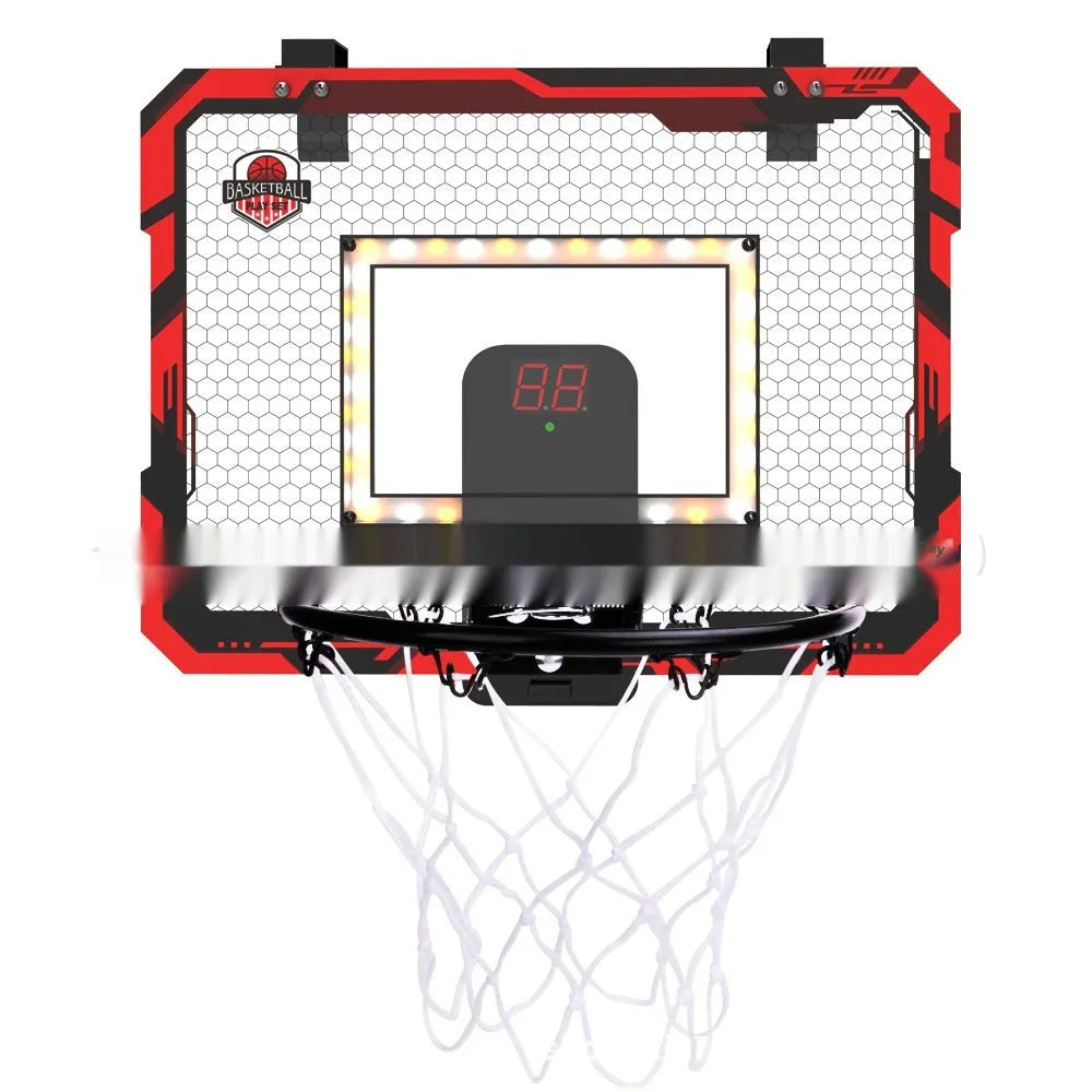 Red and blue folding basketball frame with suction cup and hook, shown as a dunk target and ball rack.