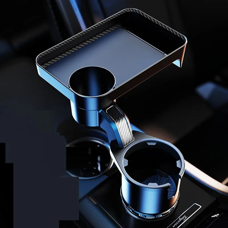 Black ABS car cup holder with removable rotating dinner tray in vehicle