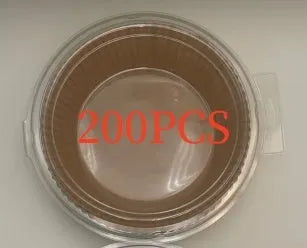 Round white disposable parchment paper liner for air fryer basket with raised edges.