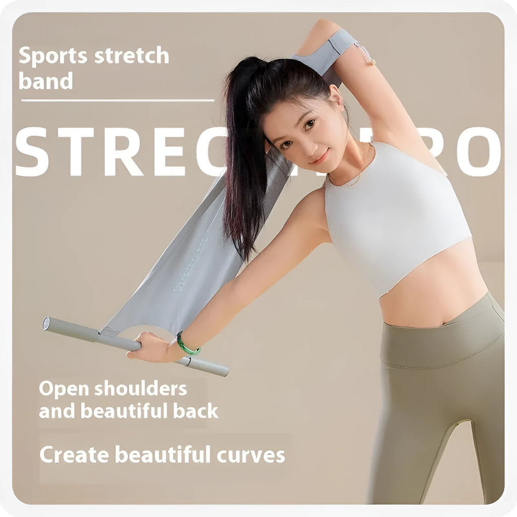 Grey and pink yoga stretching tool for shoulder, back, and hip exercises