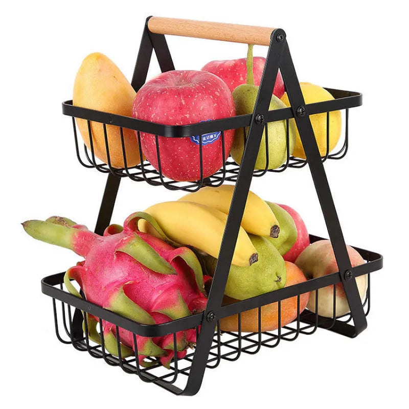 Black iron fruit basket with wooden handle showing detachable double-layer structure