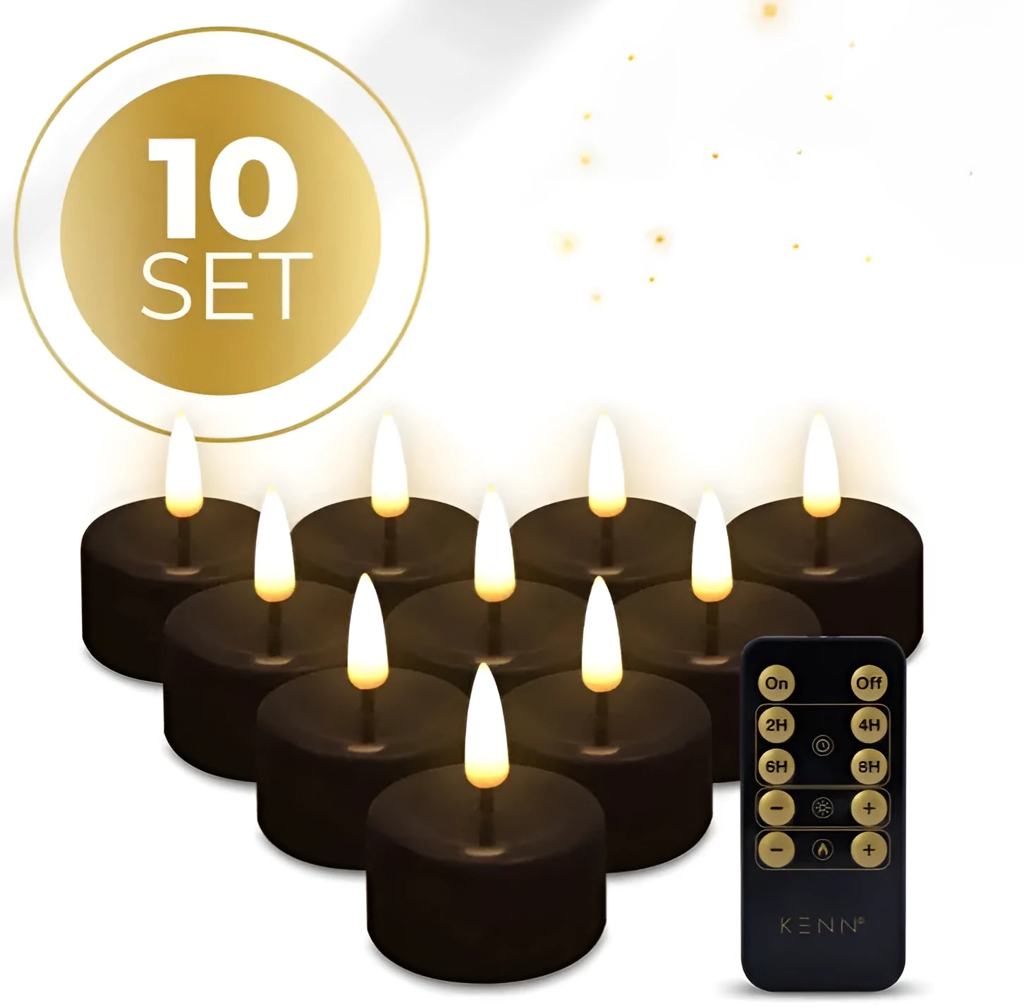 Set of four black LED tealight candles with flickering flame effect on a table.