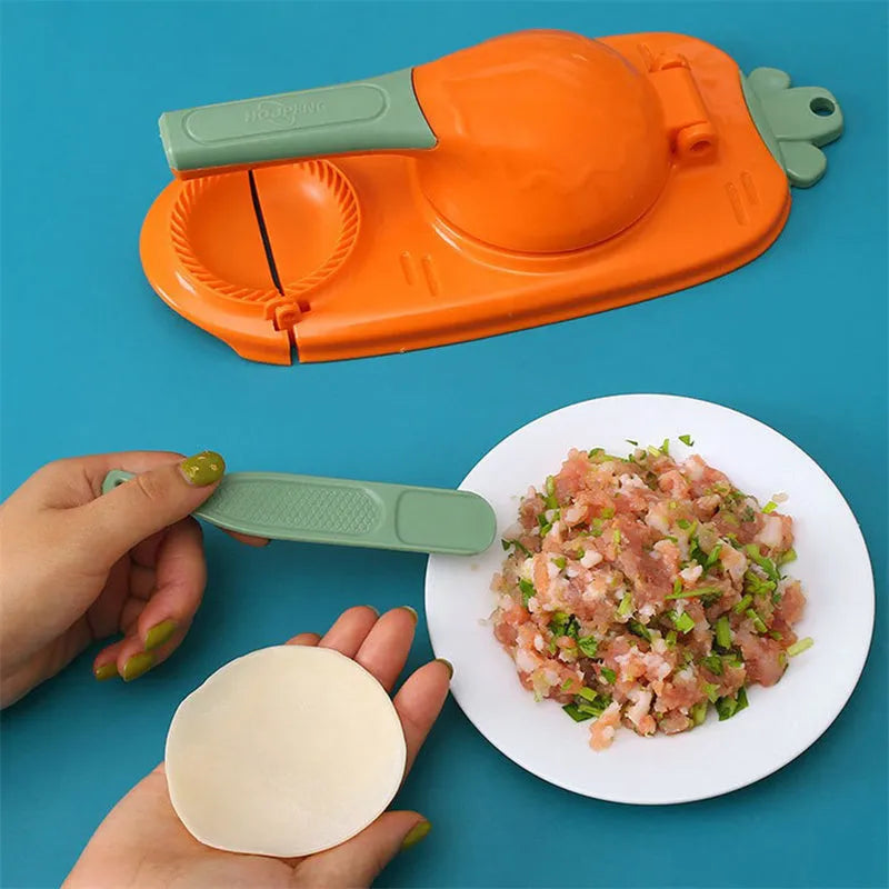 Manual plastic dumpling press tool with ergonomic handle and hanging hole for storage.