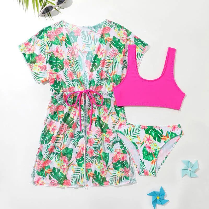 Girls' floral pattern two-piece swimsuit with overclothes in Korean style