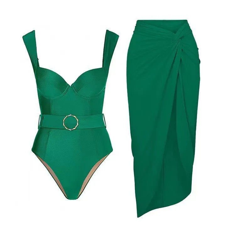 Women's polyester one-piece swimsuit with gauze skirt showing double shoulder and oblique shoulder strap options