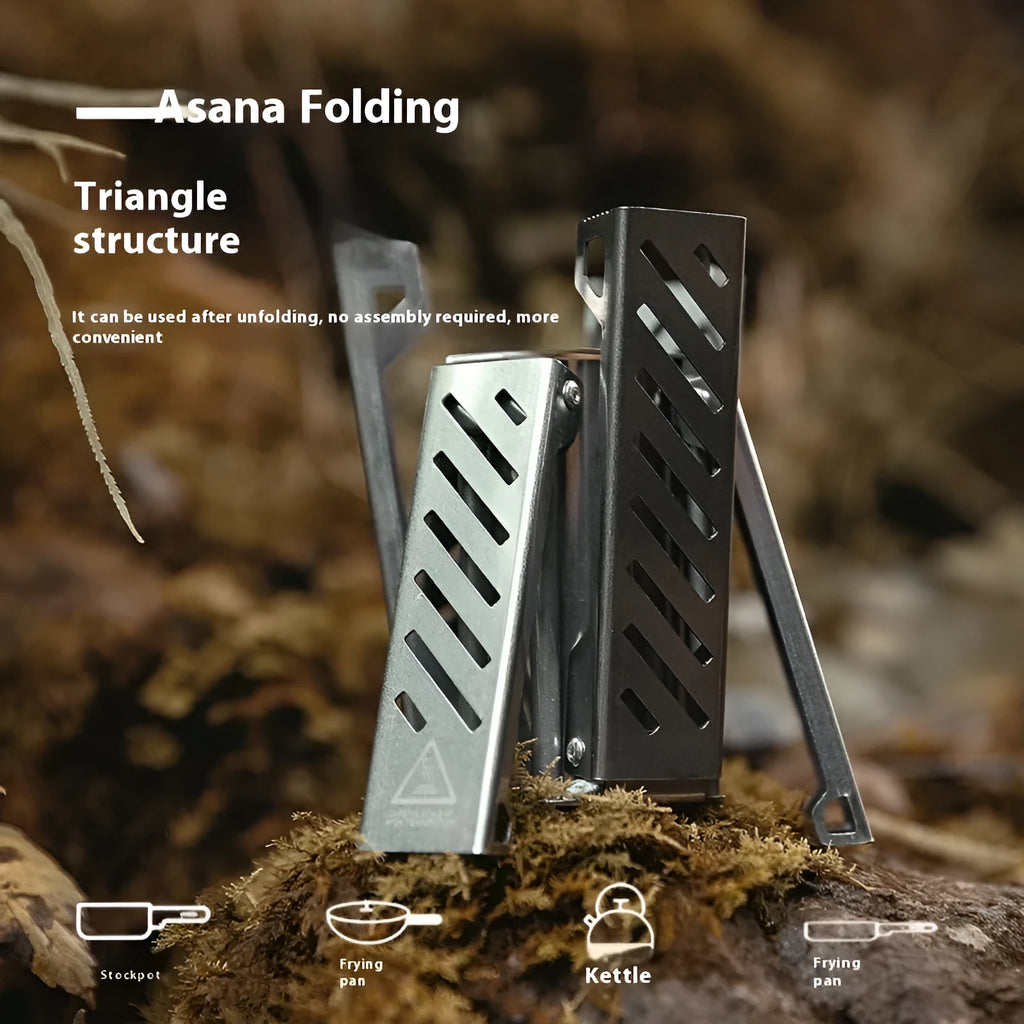 Black foldable hexagon alcohol stove for camping shown next to a ruler showing its 15cm height.